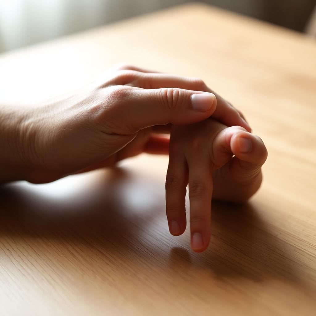 MÃ£o adulta e mÃ£o de crianÃ§a prÃ³ximas sobre mesa de madeira, com pequeno espaÃ§o entre elas