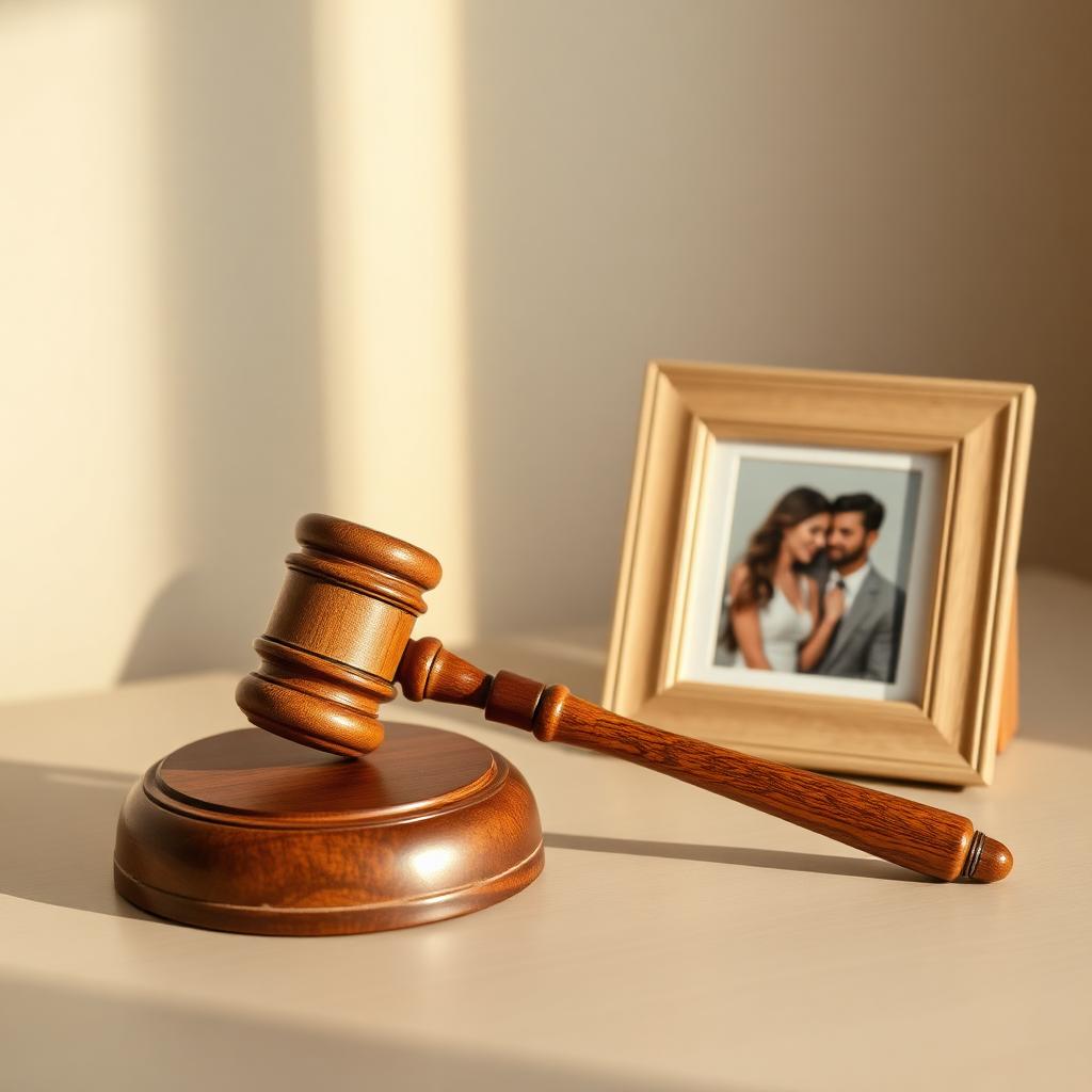 Martelo de juiz de madeira sobre mesa ao lado de porta-retrato de famÃ­lia