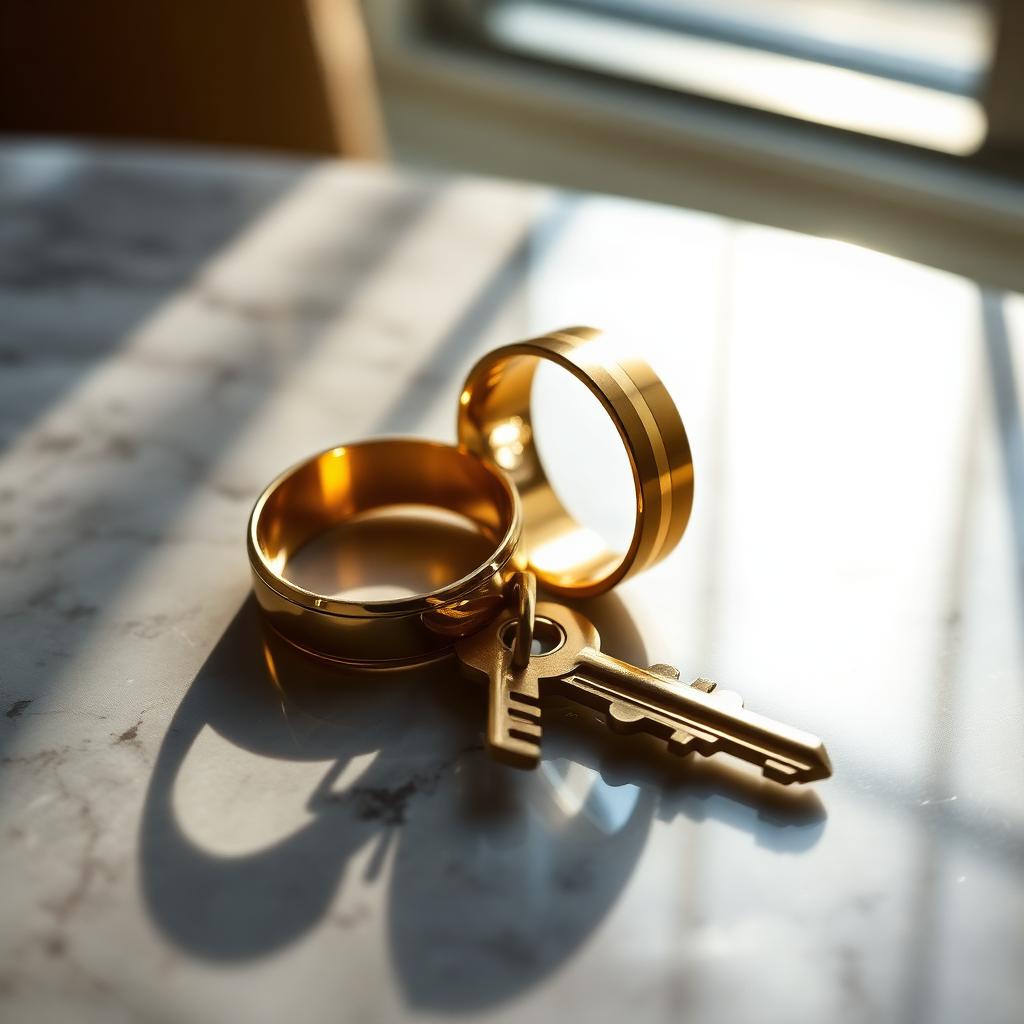 Duas alianÃ§as de casamento sobre superfÃ­cie de mÃ¡rmore ao lado de uma chave, simbolizando divÃ³rcio e partilha