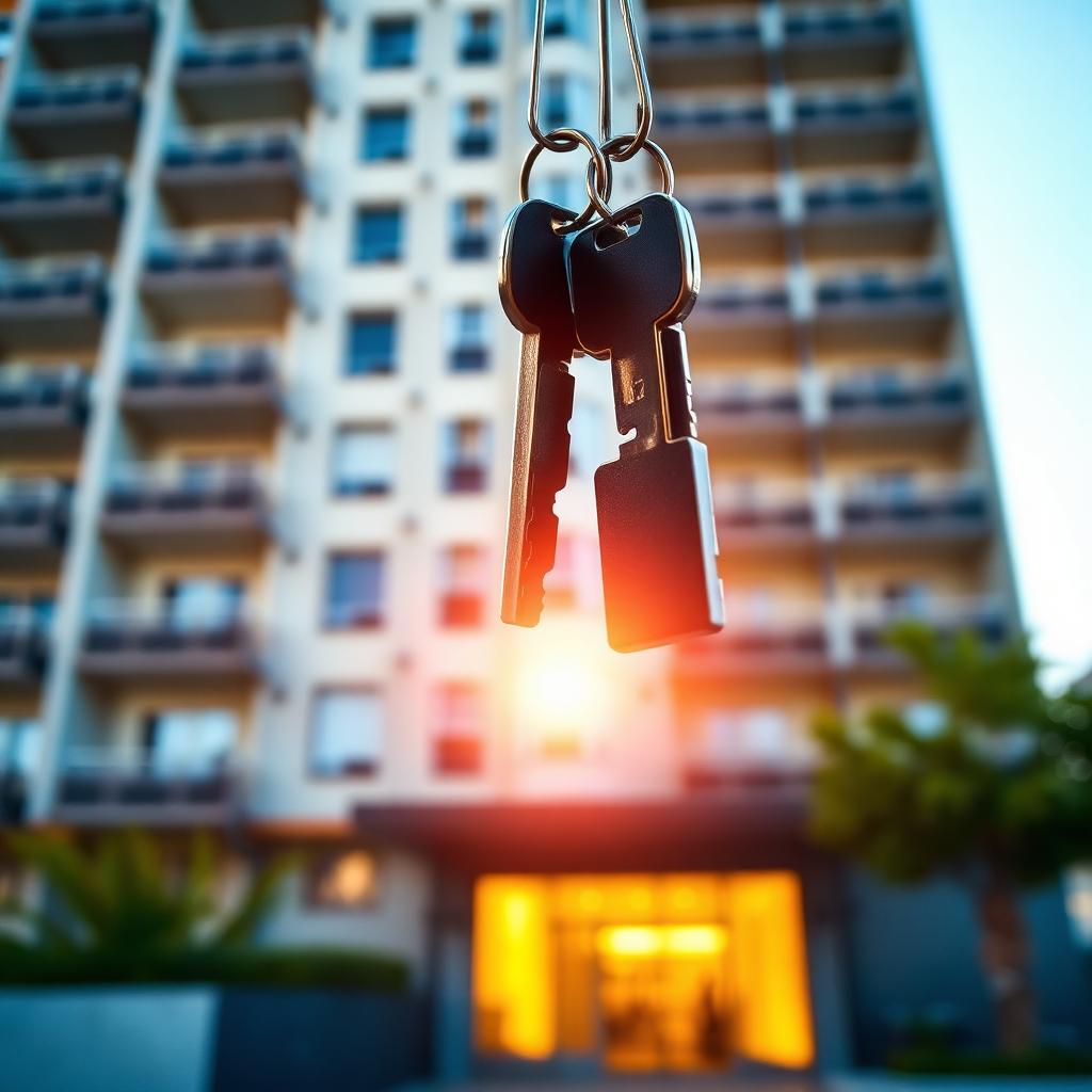 Chaves de imóvel em primeiro plano com edifÃcio residencial ao fundo em fim de tarde