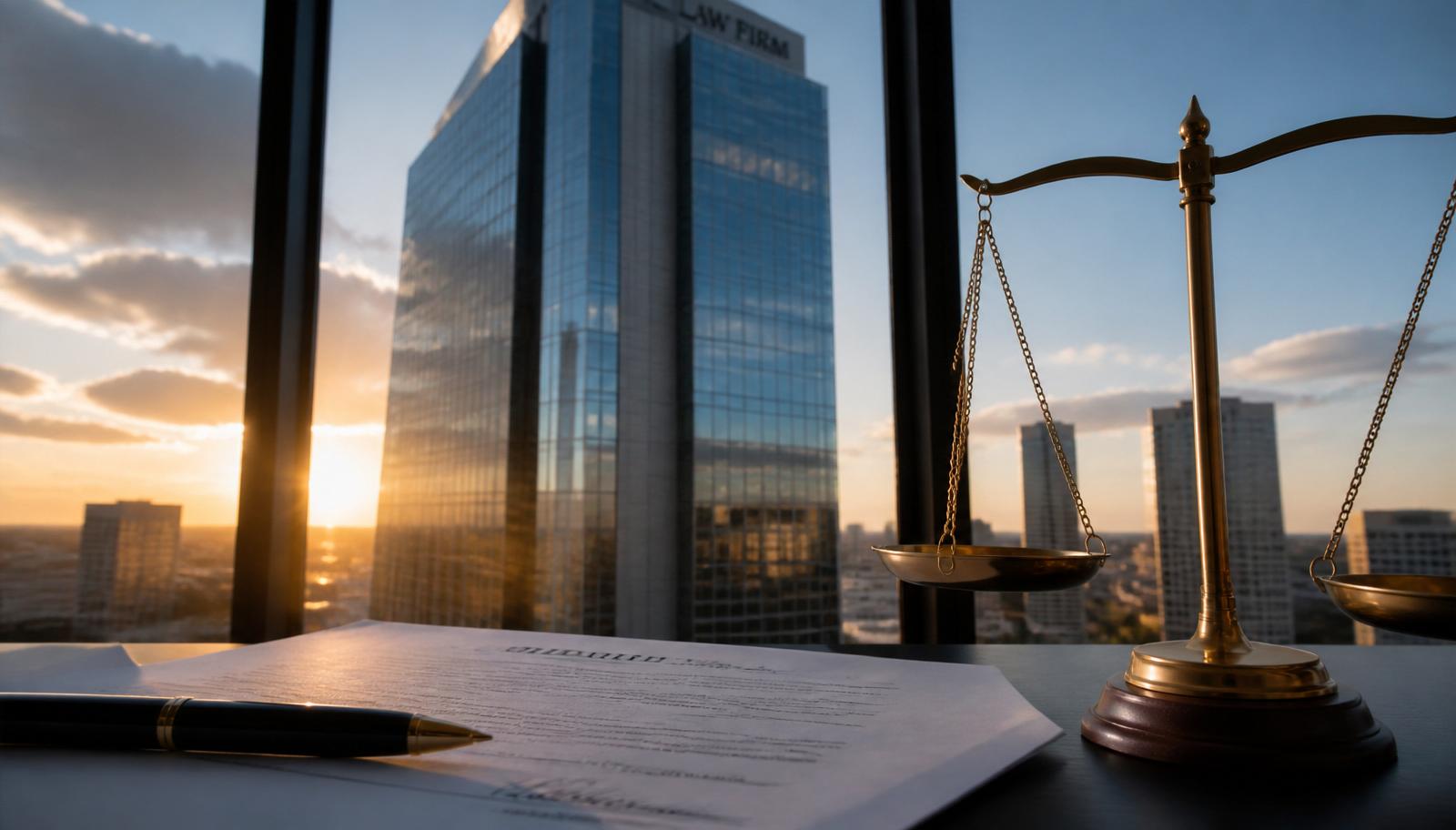 IlustraÃ§Ã£o de um edifÃ­cio empresarial moderno ao lado de um documento jurÃ­dico e uma balanÃ§a da justiÃ§a
