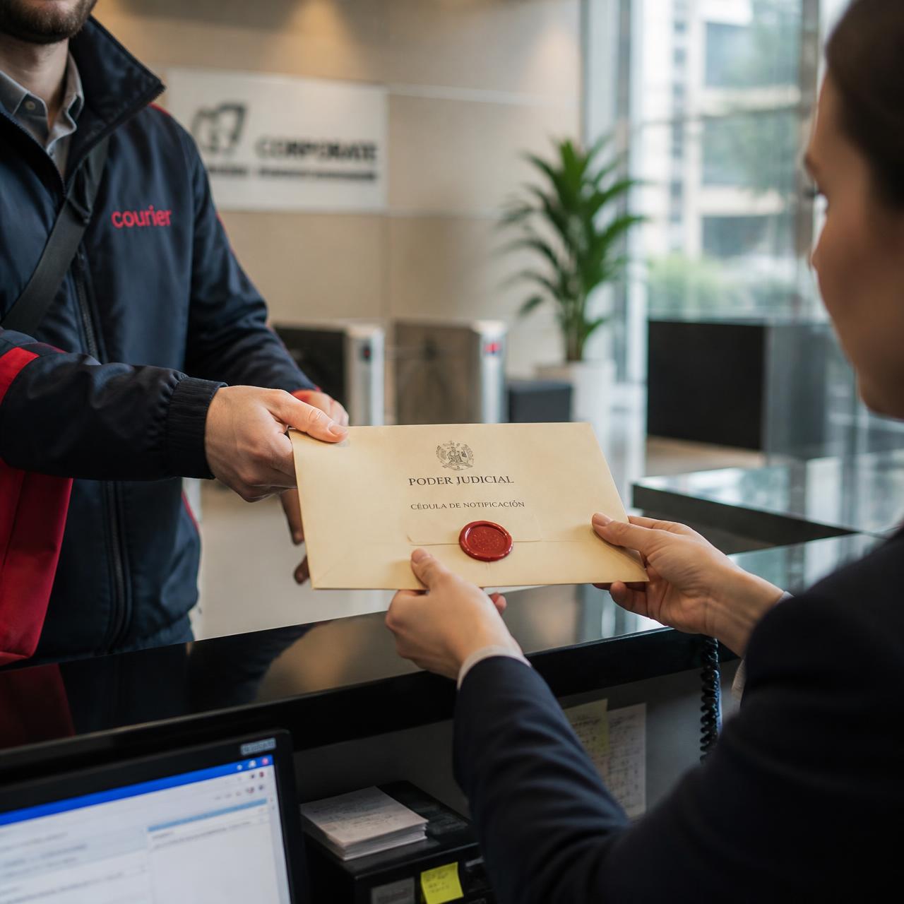 Entrega de envelope judicial na recepÃ§Ã£o de um edifÃ­cio empresarial