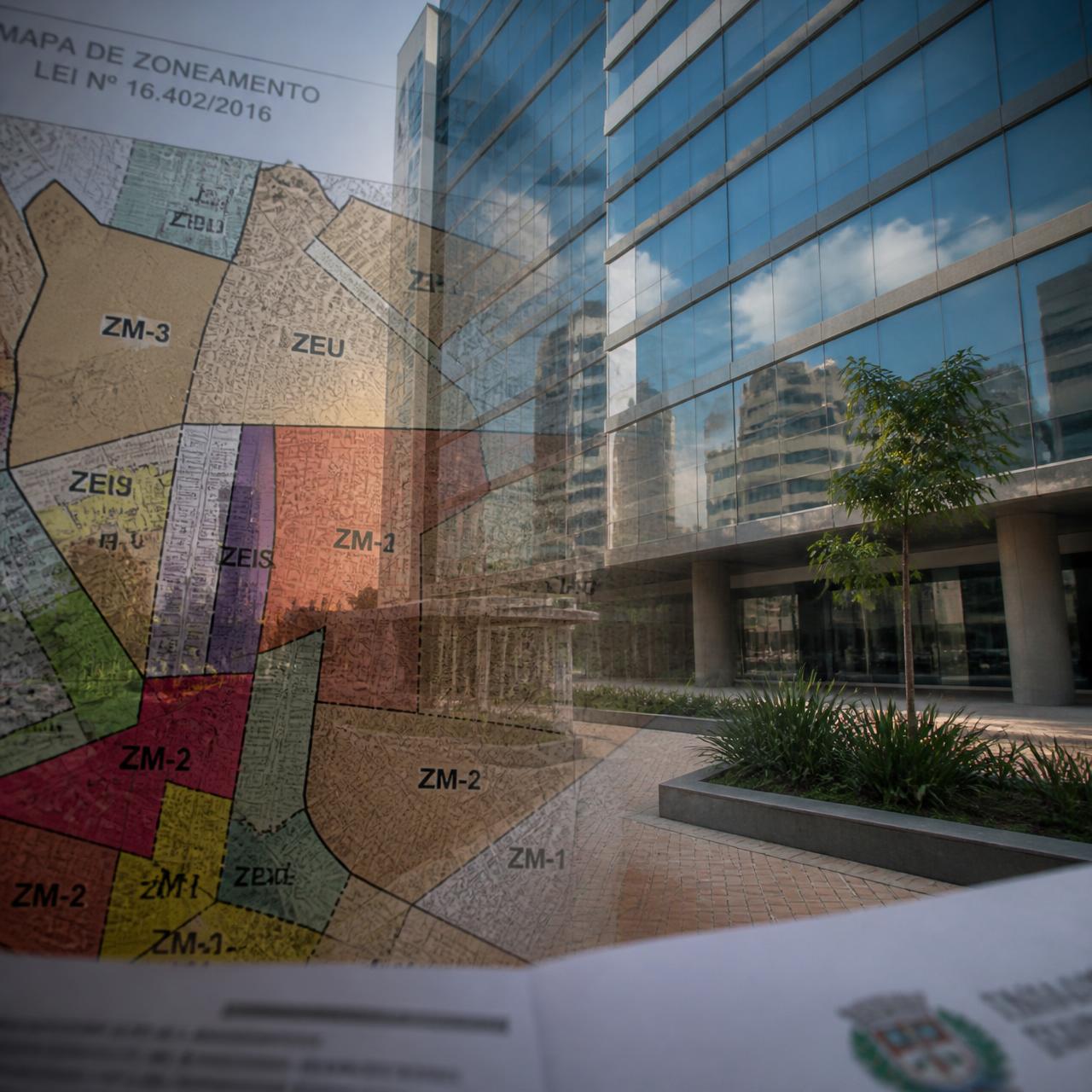EdifÃ­cio empresarial moderno com mapa de zoneamento urbano em sobreposiÃ§Ã£o