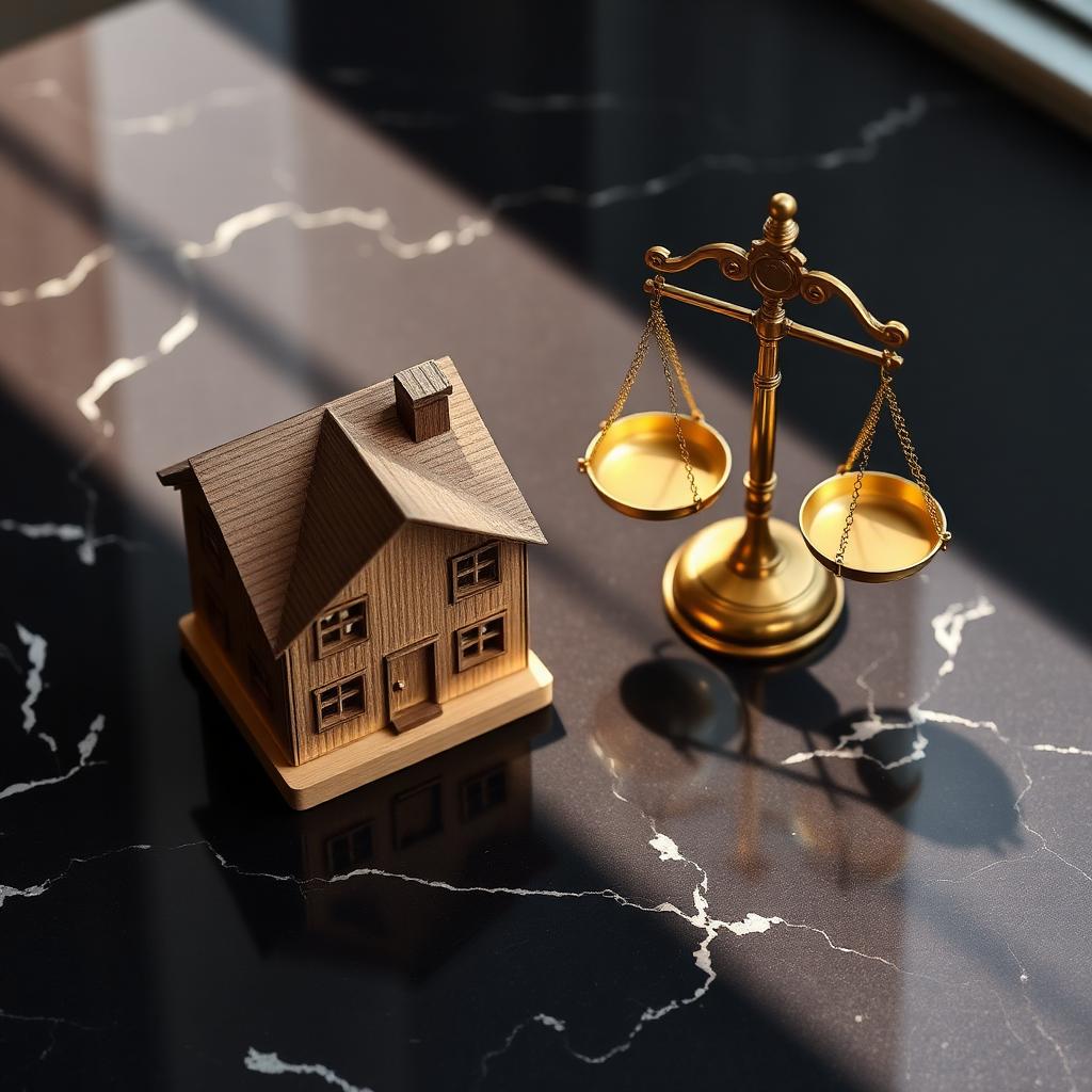 Miniatura de casa de madeira ao lado de balanÃ§a dourada sobre mesa de mÃ¡rmore escuro
